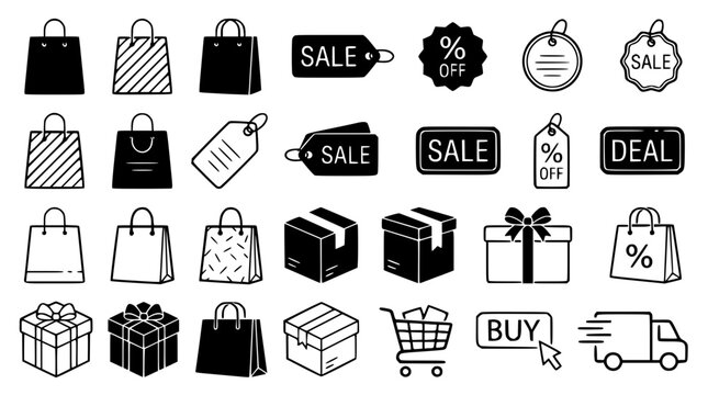 Shopping and sale vector icon set featuring shopping bags price tags gift boxes delivery truck and checkout retail elements