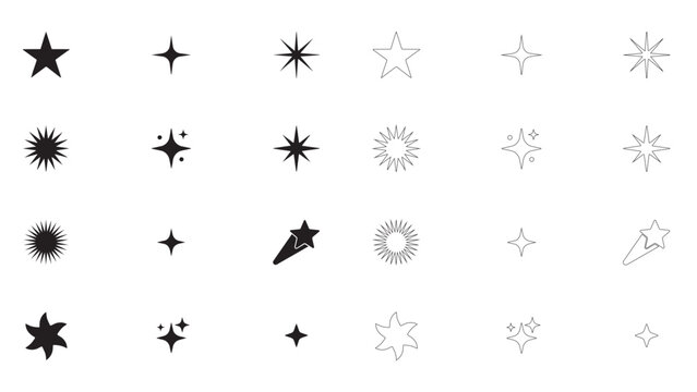 Extensive set of celestial design elements including stars moons and sparkle star shapes.