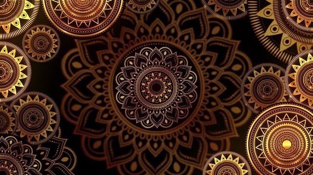 Ornamental background with gold mandalas on black.
