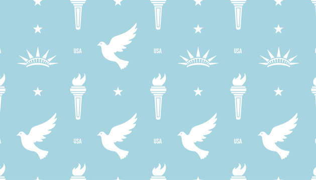 Seamless pattern with USA symbols like doves of peace, torch of liberty, and statue of liberty crowns.