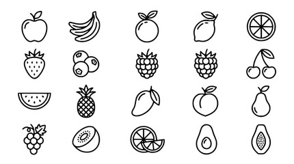 Fresh organic garden and tropical berry fruit outline line icons set for healthy food interface development © Mohammad