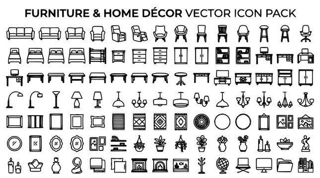 Furniture and home decor thin line icons bundle for interior design living room bedroom decoration website