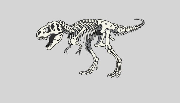 Full skeleton of a tyrannosaurus rex dinosaur, prehistoric fossil skeleton cartoon vector illustration.