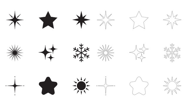 Black and outline star sparkle sun and winter snowflake icons on transparent background.