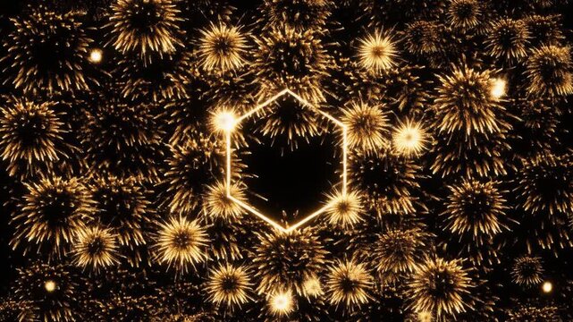 A mesmerizing abstract animation featuring a glowing golden hexagon frame at the center, surrounded by dynamic, bursting firework particles