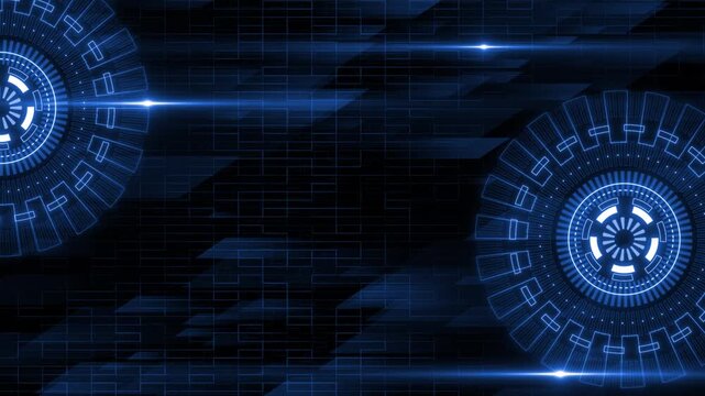 Royal blue  color rotating HUD animation glowing lights with circuit board hi tech design black technology background