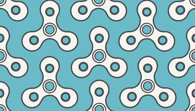 Seamless vector pattern of popular white three-armed fidget spinners over a bright turquoise background.