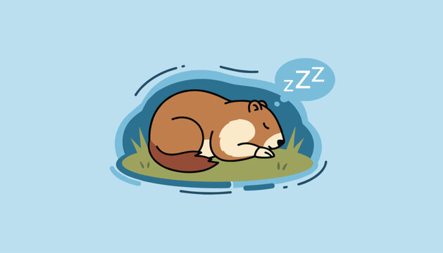 Adorable sleeping marmot curled up on green grass under a blue sky dreaming with zzz sleep thought bubble.