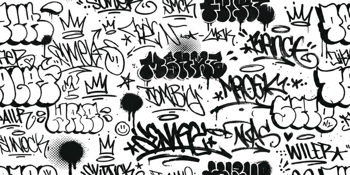 Black and white graffiti wall art pattern with various street tags and bubble letters