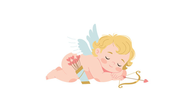 Adorable cartoon baby cupid sleeping peacefully next to his golden bow and heart-tipped arrow on white background.