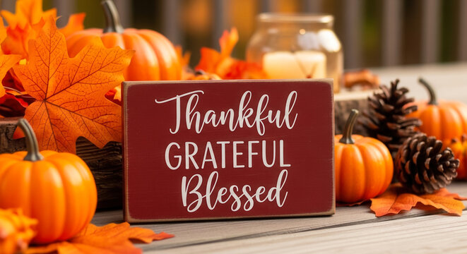 Rustic red wooden thankful and blessed sign with autumn pumpkins and maple leaves on porch table, Thanksgiving holiday celebration and seasonal decoration