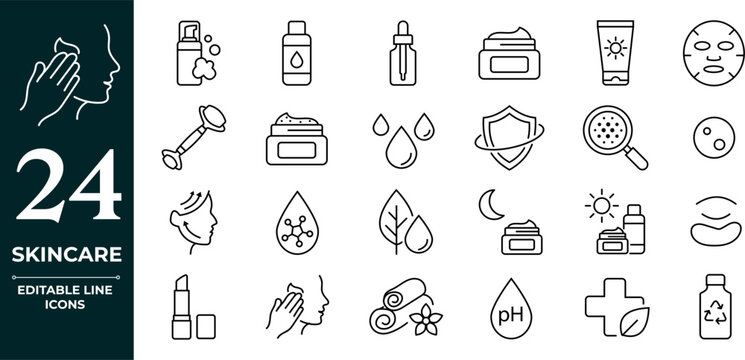 Skin care line icons set. Moisture cream, acid, anti wrinkle serum, ceramide, collagen, retinol compound, sunscreen vector illustration Collection