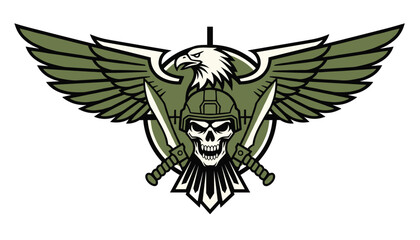 Fototapeta premium Military style emblem design featuring a skull wearing a combat helmet with crossed daggers and a green eagle.