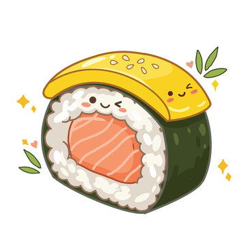 Cute kawaii sushi roll with salmon and tamago egg illustration, transparent background PNG
