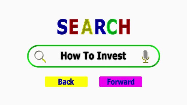 Investing in finance search bar with microphone and how to invest text. 3D text and video animation. Typing words How to into search box, problem-solving question, looking for solution