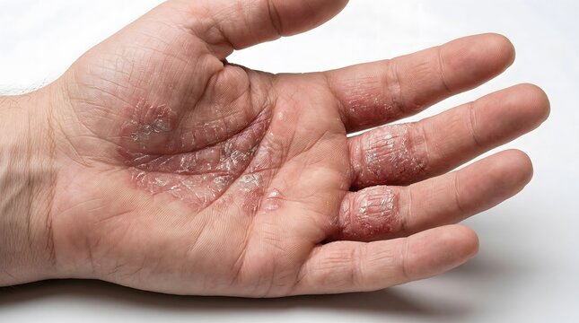 Psoriasis skin condition on human palm with dry scaly patches, medical dermatological eczema on hand with red inflamed skin texture. Chronic autoimmune skin disease showing flaky silver scales