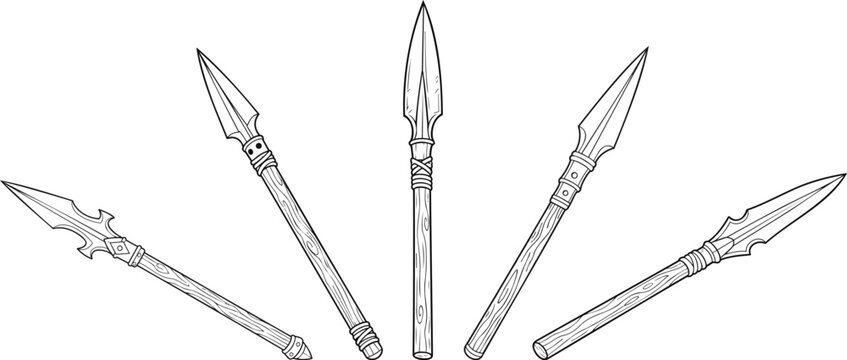 Cartoon metal sharp warrior spear with wooden handle coloring illustration