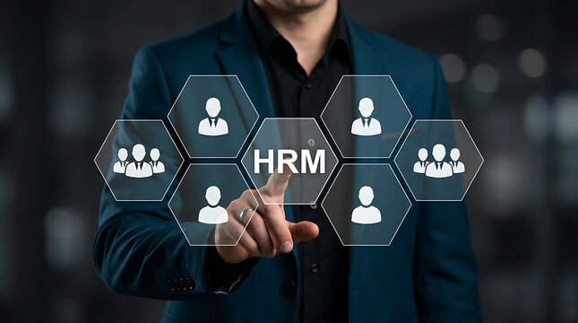 Businessman touching HRM digital interface icon for human resource management