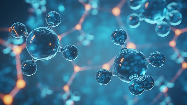 Vibrant blue molecules connect in a network of orange lines and nodes in a digital illustration