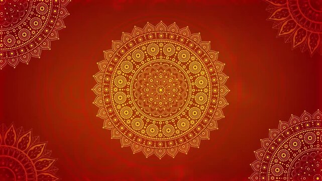 Red and gold mandala background with a large circular mandala in the center and smaller mandalas on the sides.