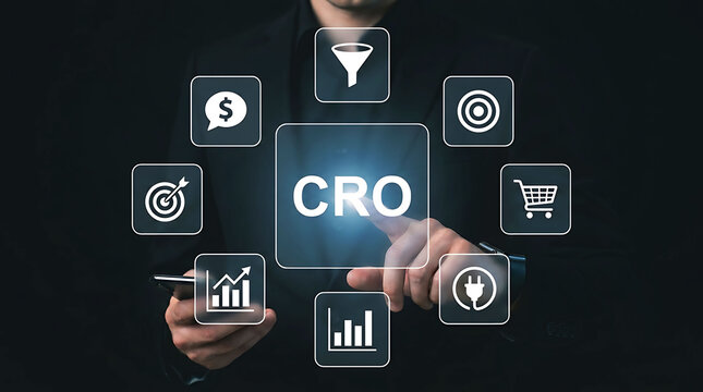 Businessman pointing at CRO concept conversion rate optimization digital marketing