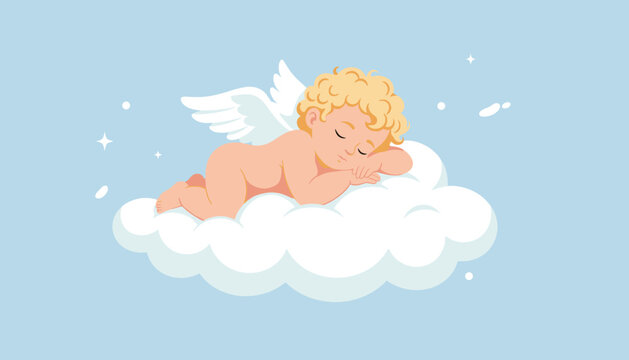 Adorable baby angel with curly blonde hair and wings sleeping peacefully on a fluffy white cloud in a starry blue sky.