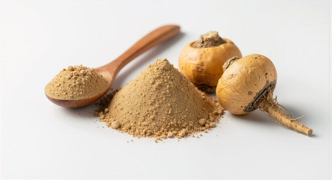 Maca root powder in a wooden spoon and pile next to dried maca root on a surface