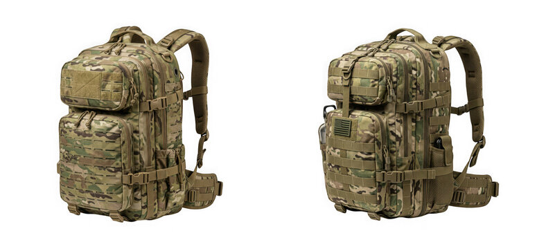 Two views of a tactical military backpack in camouflage pattern isolated on transparent background