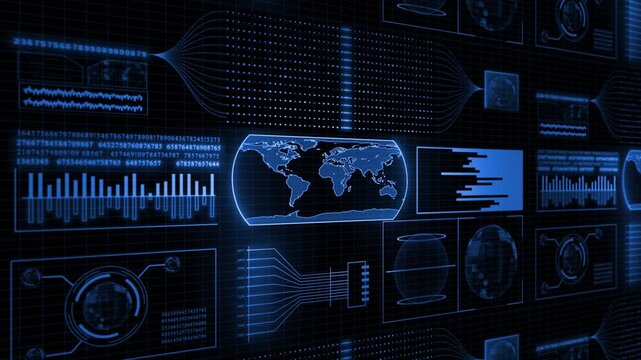 Royal blue  color HUD animation world map with binary code complex data hi tech design black technology background