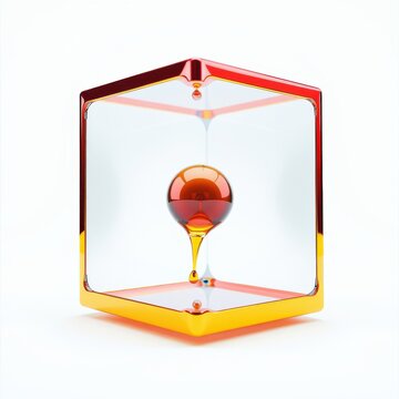 Liquid drop suspended inside geometric container. Glossy surfaces reflect light, creating vibrant visual effect. Minimalist composition.
