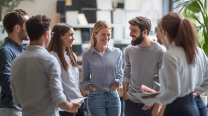 Obraz premium Colleagues gather in an office to discuss project strategies during a casual team meeting.