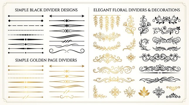 Elegant page divider and floral decoration set with simple black lines, minimal golden separators and ornate flourish ornaments, versatile vector collection for invitations, certificates, menus, greet
