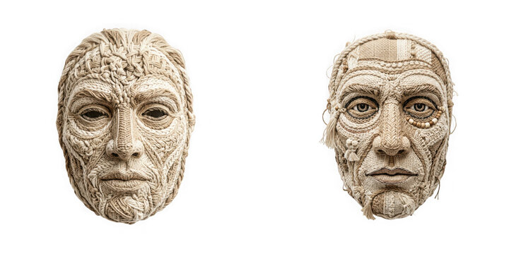 Two handcrafted textile masks made of beige yarn and fabric, featuring intricate woven facial details isolated on transparent background
