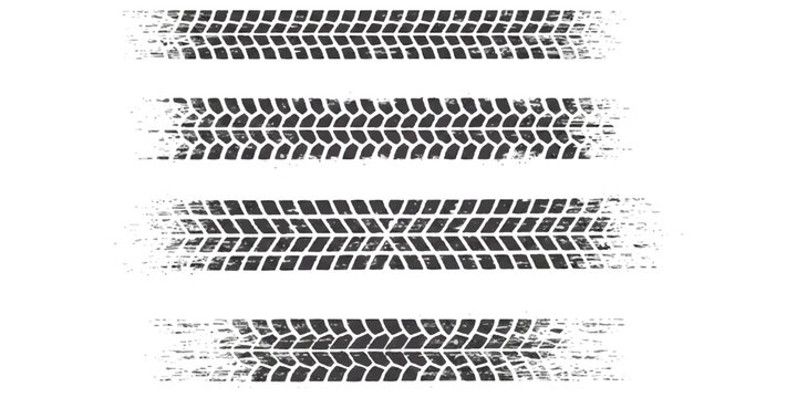 Four different black tire tracks and wheel marks set