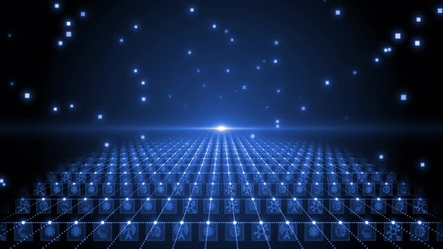 Royal blue  color moving abstract network glowing nodes various digital document hi tech complex design seamless black technology background 