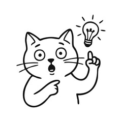 Fototapeta premium Cute Surprised Cat Pointing to Lightbulb Idea Line Art Icon for Creative Presentation and Kids Coloring Page