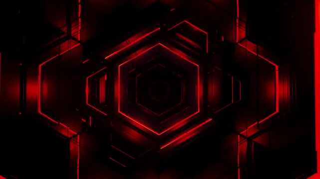 Abstract glowing red neon hexagon pattern on a black background.