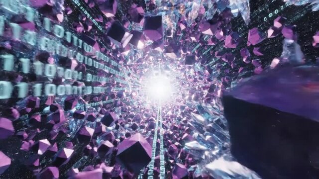 Abstract digital data tunnel with binary code and crystalline structures