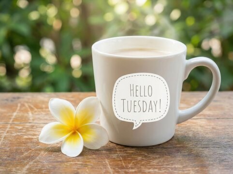 A white coffee mug with the text hello tuesday and a frangipani flower