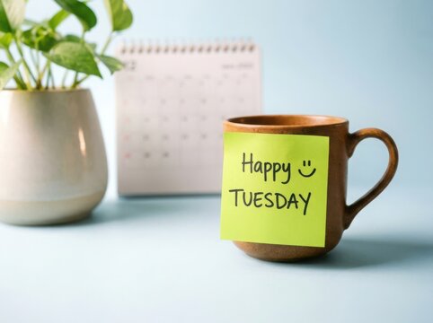 A brown coffee mug with a happy tuesday sticky note, a calendar, and a plant