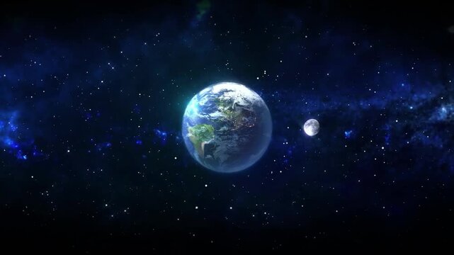 A stunning, digitally-rendered image of Earth and its moon shining brightly in the vast expanse of space, surrounded by a celestial tapestry of distant stars and nebulae.