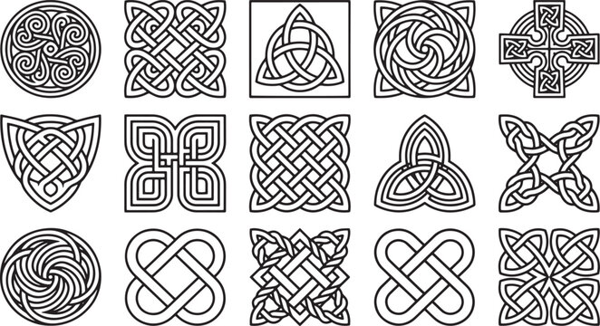 Hand Drawn Celtic Knot Ornaments and Traditional Triquetra Cross Shapes Set