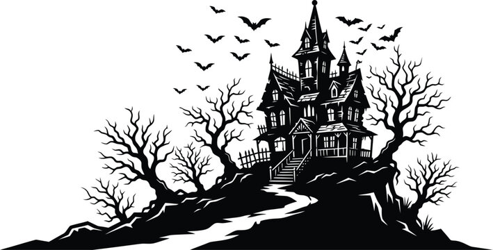 Black silhouette of a spooky haunted house with bats and trees on a hill isolated on white background