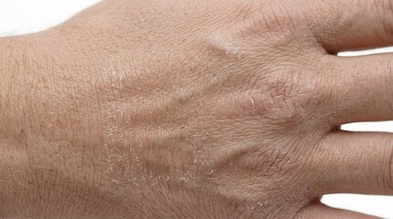Fototapeta premium Dry skin texture on human hand with visible dehydration and flaking, close-up of cracked epidermis and rough skin surface, dermatological condition showing damaged skin barrier and irritation