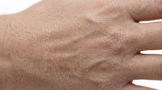 Dry skin texture on human hand with visible dehydration and flaking, close-up of cracked epidermis and rough skin surface, dermatological condition showing damaged skin barrier and irritation