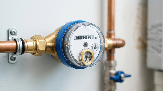 Household water meter installed on copper pipes against a white wall. Utility consumption gauge with mechanical counter and blue plastic ring