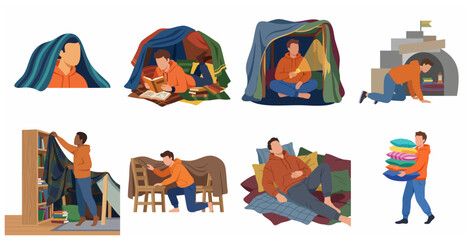 Obraz premium Flat vector illustration set of a young man building and relaxing in a cozy blanket fort at home, reading books and resting.