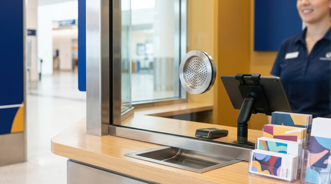 Modern service counter with a glass partition and intercom speaker. Payment terminal and tablet at a ticket booth. Smiling female attendant in the background