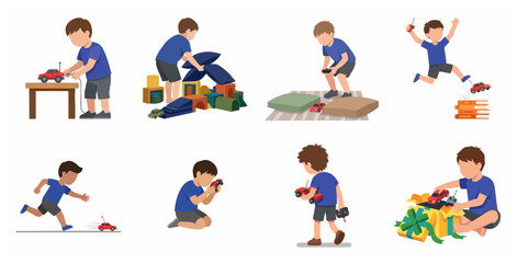 Fototapeta premium Set of flat vector illustrations depicting a boy playing with a remote control car, building obstacles, racing, and opening a gift box.