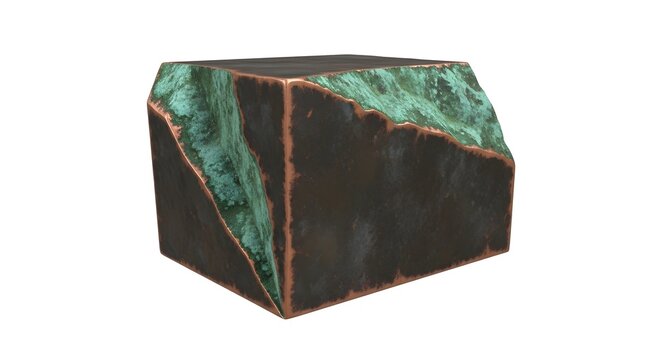 Abstract decorative block with dark metal and green malachite texture.